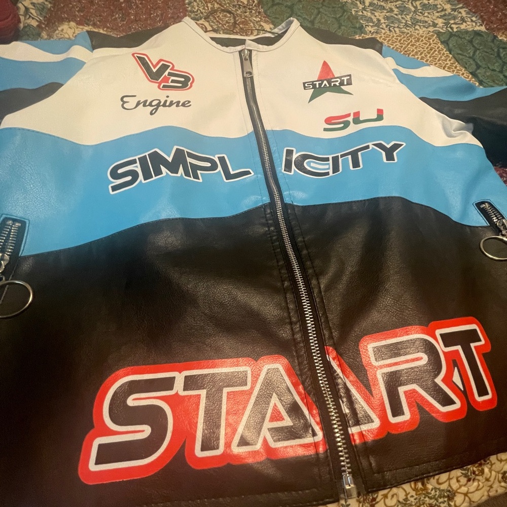 Blue and Black Racing Jacket with Bold Graphics